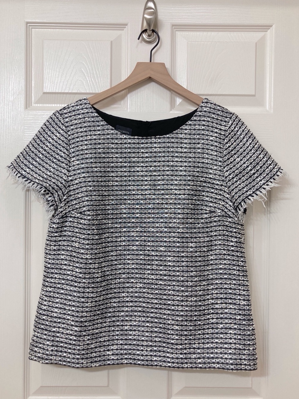 Talbots Black White Tweed Fringe Crew Neck Blouse Top 12 Modern Preppy Heritage